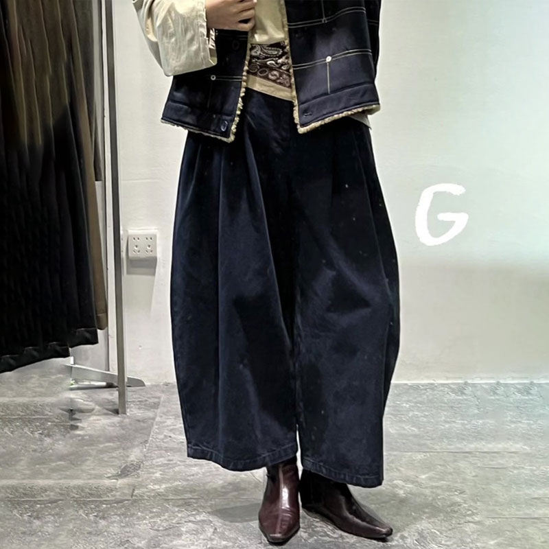 欧货高端褶皱藏蓝色大码阔腿裤女