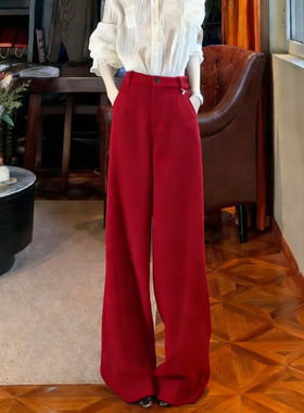 欧货高端定制红色毛呢大码阔腿裤女2025冬季新款加厚慵懒弯刀裤子