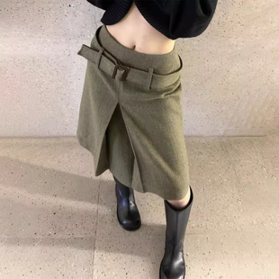 加厚褶皱设计感A字裙 新款 欧货高端定制绿色大码 半身裙女2025冬季