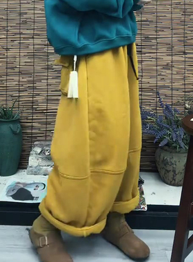 欧货高端定制黄色大码灯芯绒阔腿裤女2025秋季新款慵懒风休闲裤子