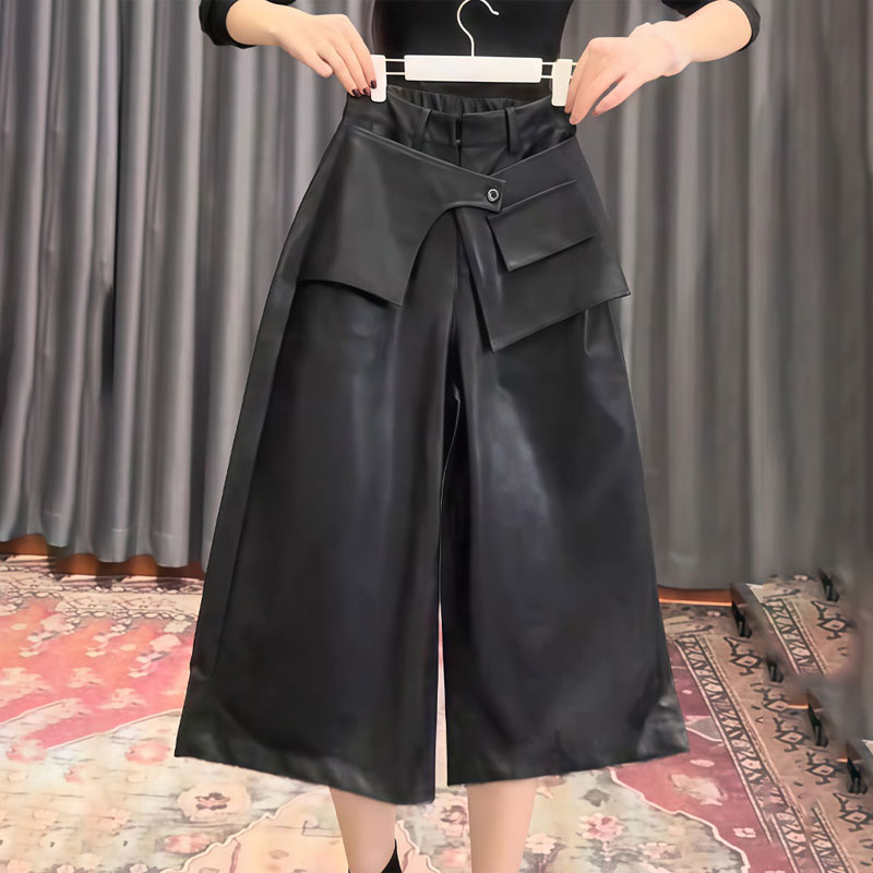 高端挡片式黑色大码七分皮裤女