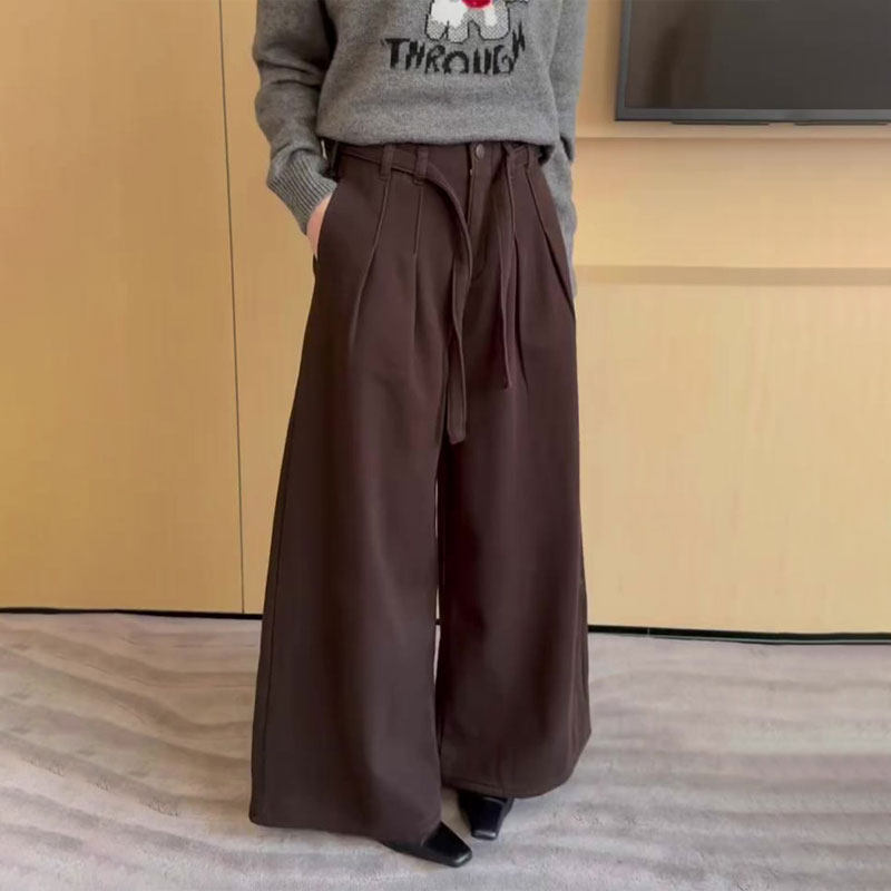 高端定制棕色褶皱大码阔腿裤女