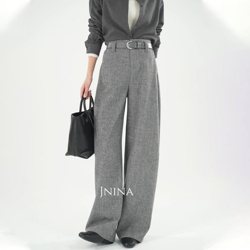 欧货高端定制浅灰色毛呢大码阔腿裤女2025冬季新款加厚休闲镰刀裤,女装/女士精品,大码裤装,淘宝优惠券,粉丝福利购,淘宝优惠卷