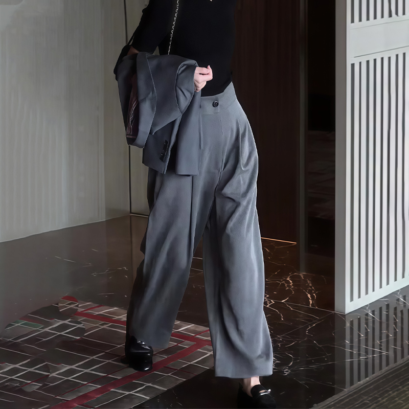 高端定制灰色大码垂感阔腿西装裤