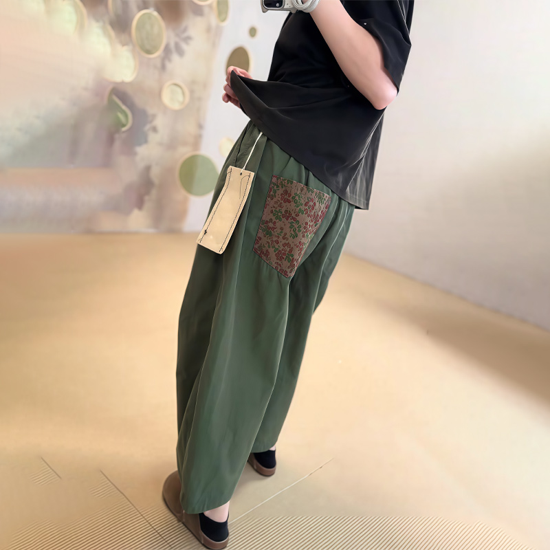 法式高端绿色棉麻大码九分裤女装