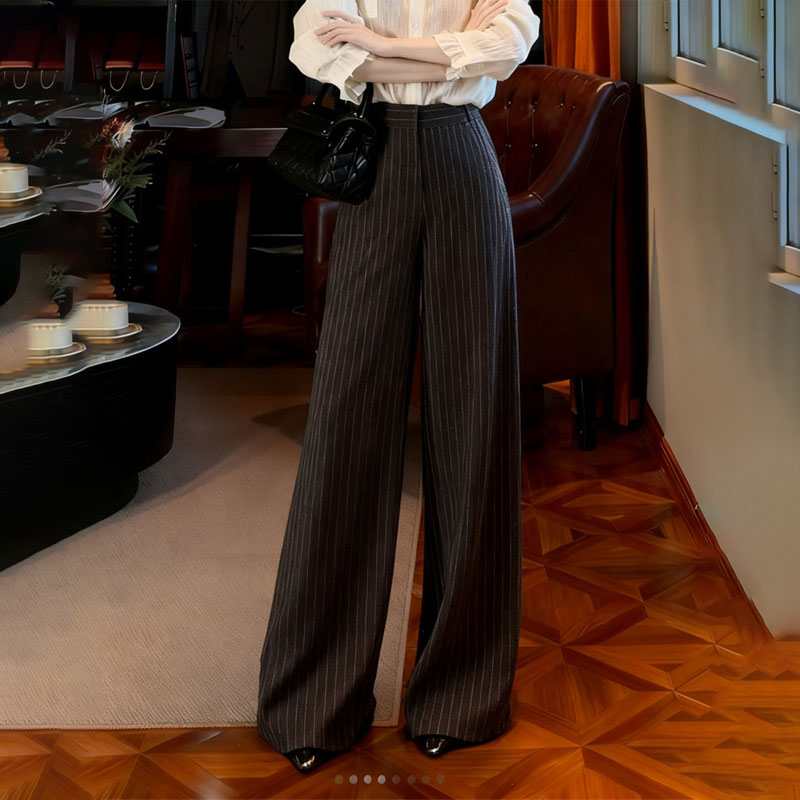 高端定制黑色条纹大码阔腿裤女