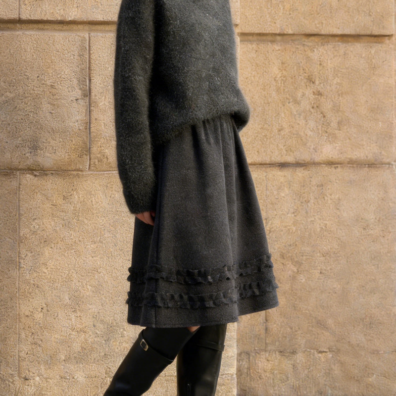 欧货高端定制深灰色毛呢大码半身裙女2026早春新款木耳百搭A字裙,女装/女士精品,大码半身裙,淘宝优惠券,粉丝福利购,淘宝优惠卷