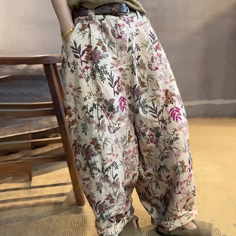 杏色印花复古设计感大码阔腿裤女2025冬季新款时尚宽松棉麻休闲裤,女装/女士精品,大码裤装,淘宝优惠券,粉丝福利购,淘宝优惠卷