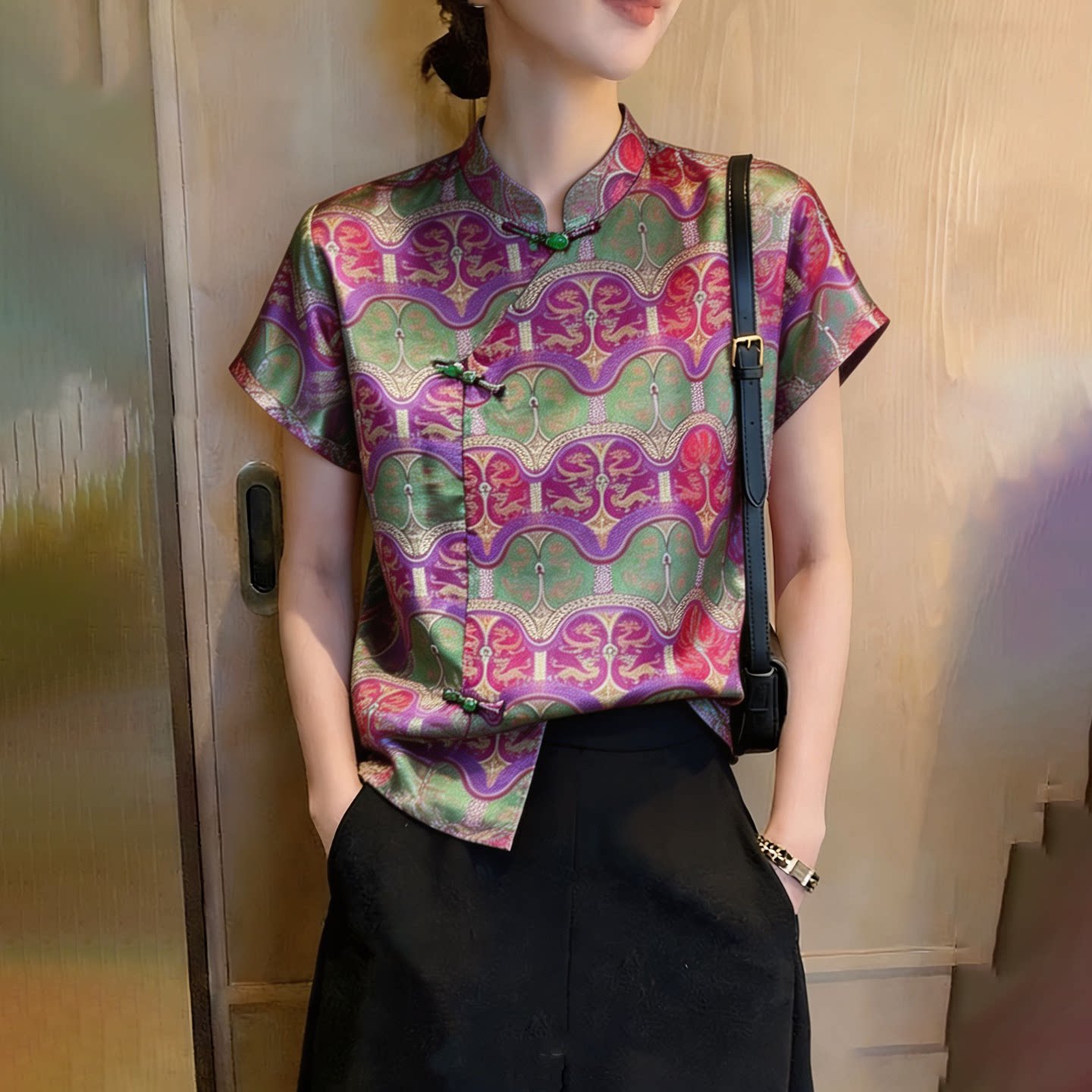 新中式国风紫绿色大码提花上衣女图片