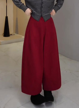 欧货高端定制红色大码阔腿裤女2025冬季新款加厚宽松慵懒风休闲裤