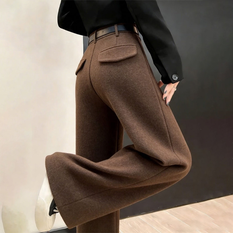 欧货高端定制棕色毛呢大码阔腿裤女2026早春新款慵懒风休闲直筒裤,女装/女士精品,大码裤装,淘宝优惠券,粉丝福利购,淘宝优惠卷