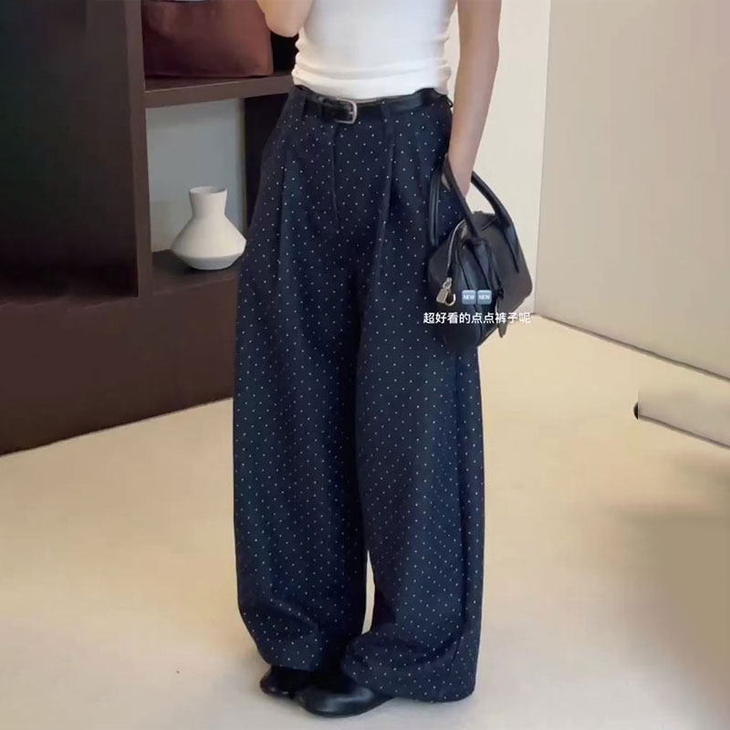 欧货高端定制藏蓝色波点大码阔腿裤女2025秋冬新款加厚褶皱休闲裤,女装/女士精品,大码裤装,淘宝优惠券,粉丝福利购,淘宝优惠卷