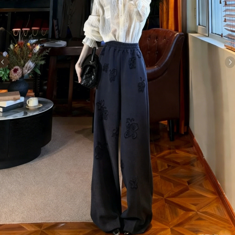 欧货高端定制藏蓝色提花大码阔腿裤女2025冬季新款加厚休闲镰刀裤,女装/女士精品,大码裤装,淘宝优惠券,粉丝福利购,淘宝优惠卷