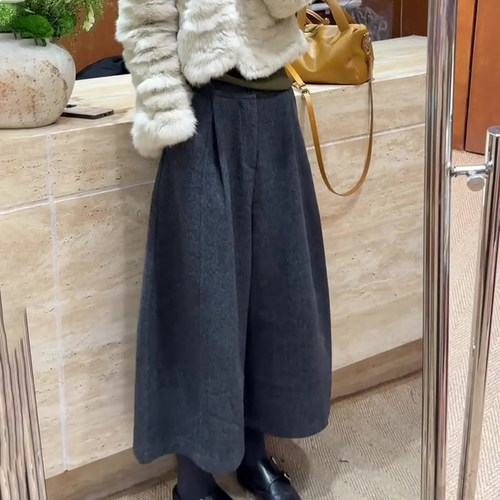 高端定制深灰色毛呢大码阔腿裤女