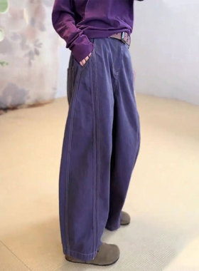 高端定制紫色大码棉麻阔腿裤女2025秋季新款设计感减龄宽松休闲裤