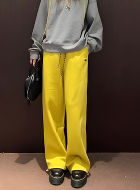 黄色大码宽松时尚休闲裤女2025年春季新款时髦洋气运动显瘦直筒裤