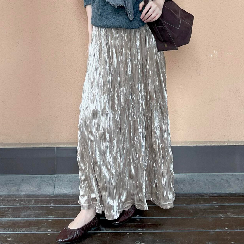 欧货高端银色复古丝绒大码半身裙