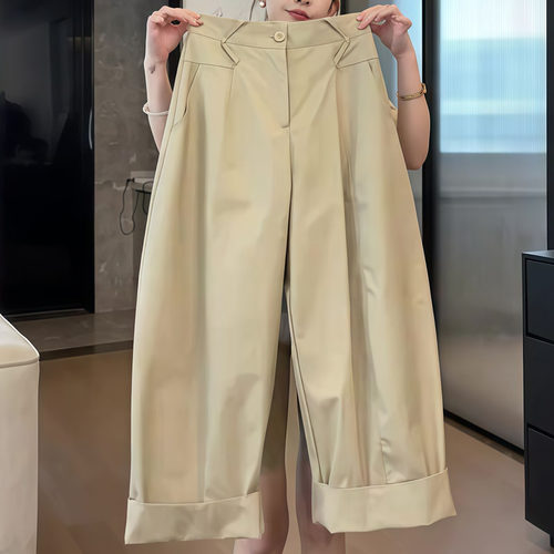 卡其色九分卷边弯刀奶奶裤