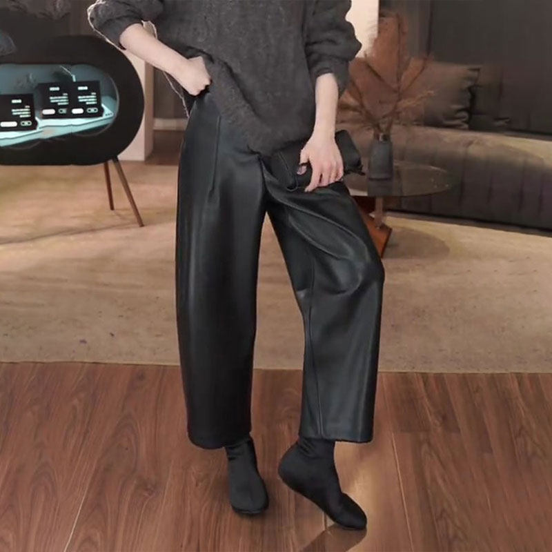 欧货高端定制黑色大码阔腿皮裤女
