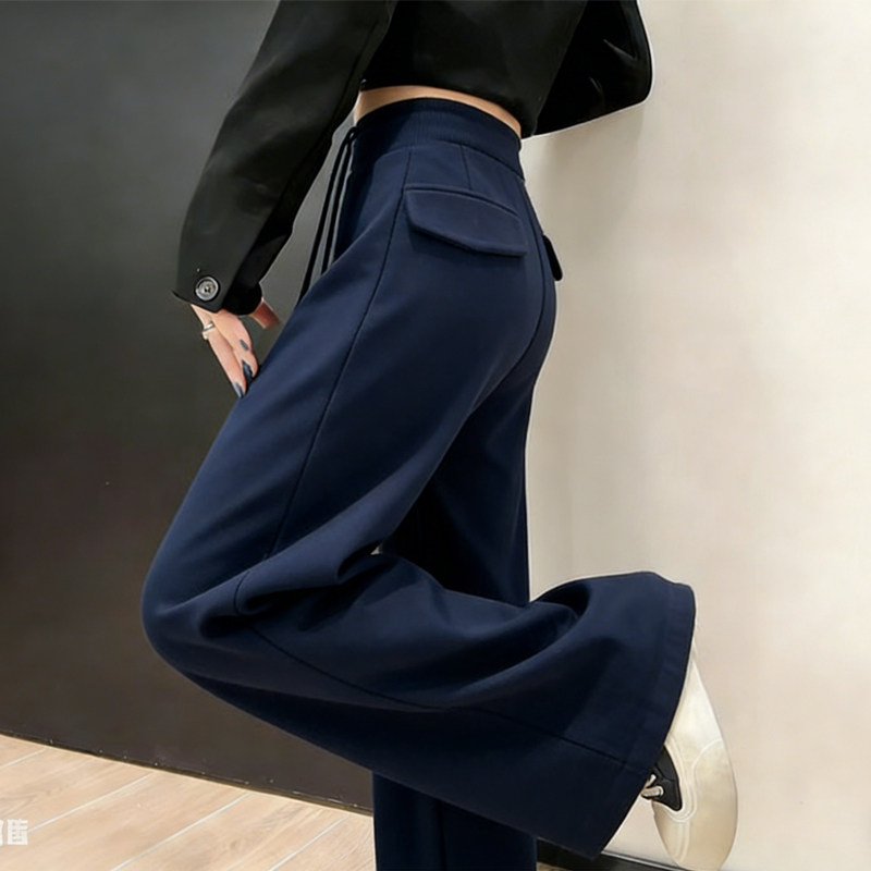 欧货高端定制深蓝色毛呢大码阔腿裤女2026早春新款慵懒风休闲裤子,女装/女士精品,大码裤装,淘宝优惠券,粉丝福利购,淘宝优惠卷