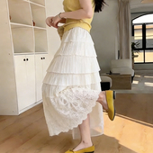 高端定制白色压褶蕾丝拼接大码 半身裙女2026春夏新款 多层蛋糕裙子