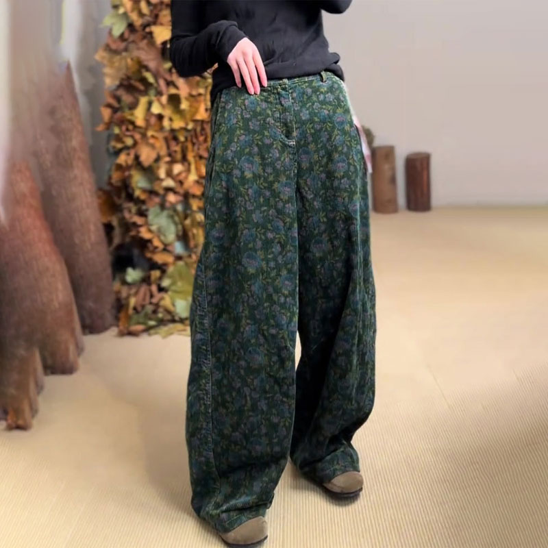 欧货高端定制绿色碎花棉麻大码阔腿裤女2025秋冬新款加厚休闲裤子