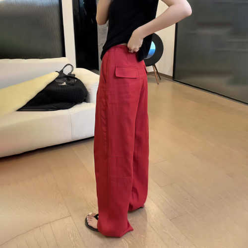欧货高端酒红色亚麻阔腿长裤女