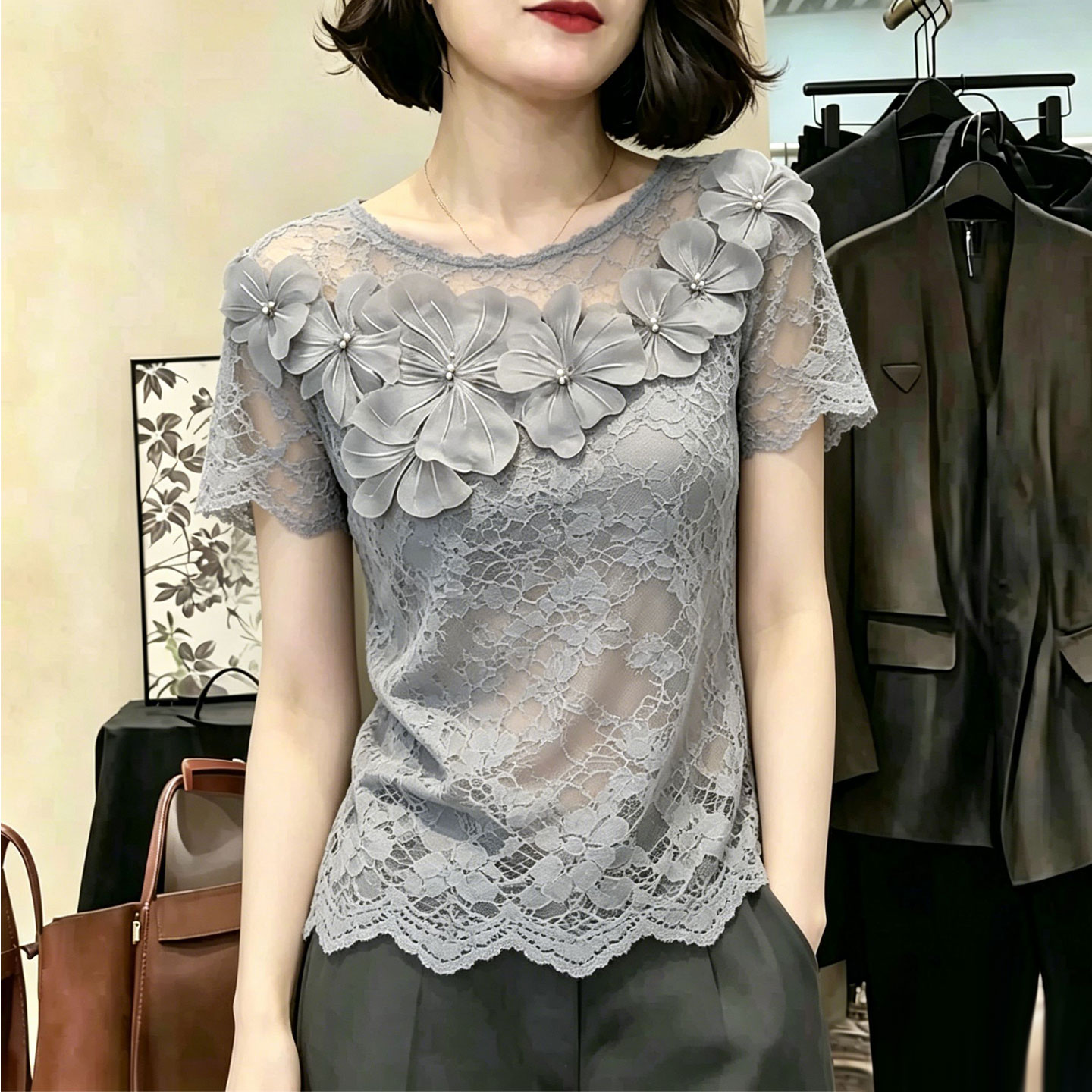 欧货高端轻奢立体大花大码上衣女2026夏季新款灰色蕾丝圆领小衫