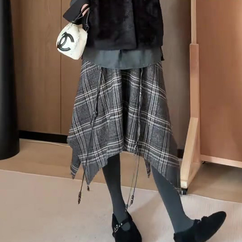 欧货高端定制灰色格纹大码半身裙