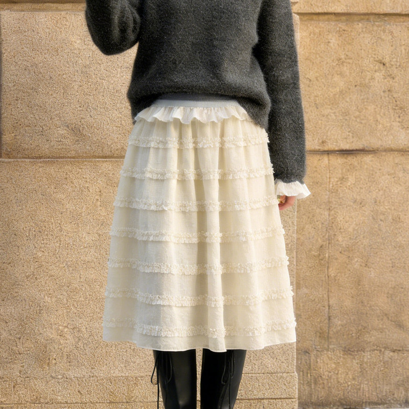 欧货高端定制米白色蕾丝大码半身裙女2026早春新款荷叶边蛋糕裙子,女装/女士精品,大码半身裙,淘宝优惠券,粉丝福利购,淘宝优惠卷