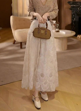 欧货高端定制白色大码蕾丝亮片半裙2025冬季新款精致绝美仙气裙子