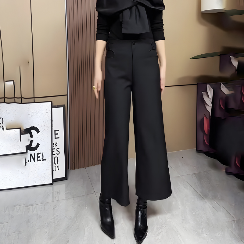 欧货黑色大码西装面料加厚阔腿裤女2025春季新款轻奢高腰微喇裤子