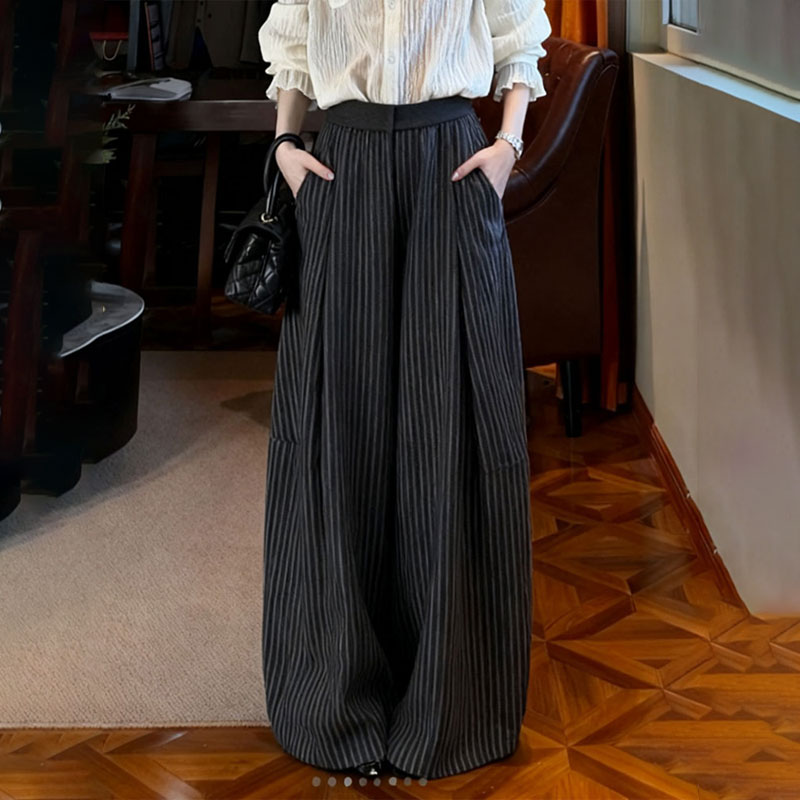 高端定制黑色条纹大码阔腿裤女