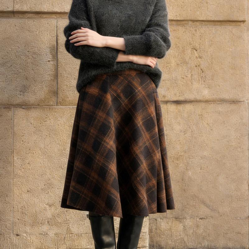 欧货高端定制黑棕色毛呢大码半身裙女2026早春新款格纹复古A字裙,女装/女士精品,大码半身裙,淘宝优惠券,粉丝福利购,淘宝优惠卷