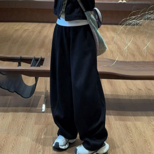 宽松慵懒风休闲弯刀裤 高端定制黑色大码 新款 女2025冬季 子 阔腿卫裤