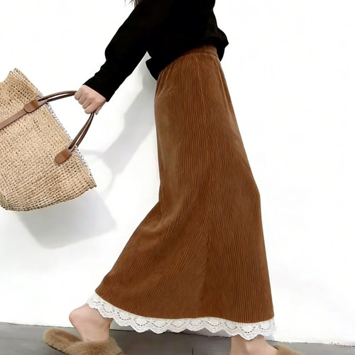 高端定制棕色灯芯绒大码半身裙女