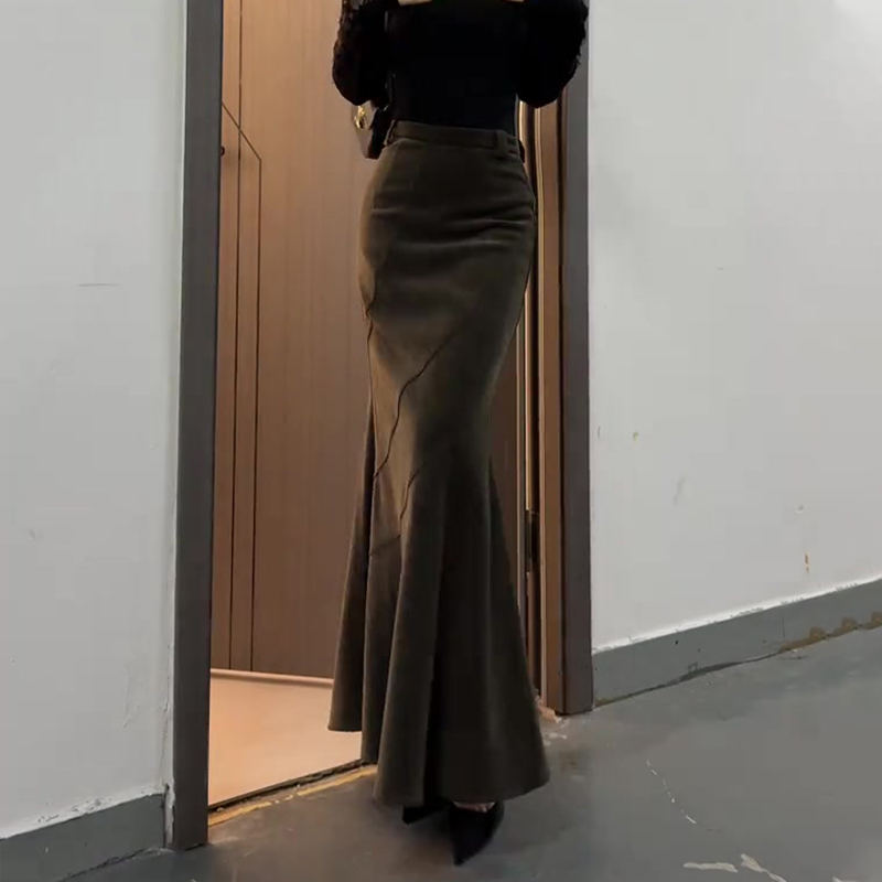 欧货高端定制栗色灯芯绒半身裙女