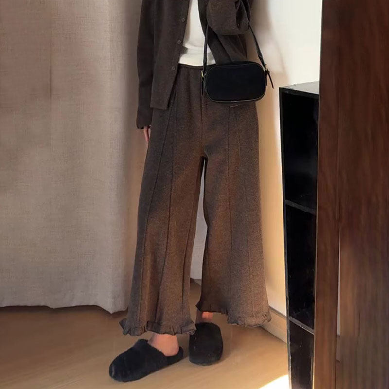 高端定制棕色花边大码阔腿裤女