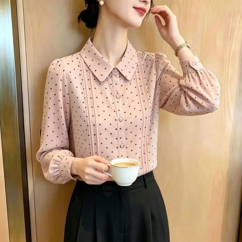 欧货高端粉色波点翻领大码上衣女