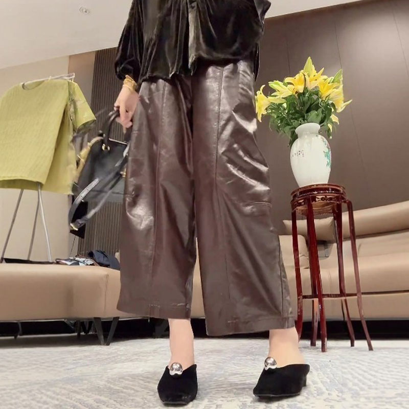 高端定制棕色大码九分阔腿皮裤女