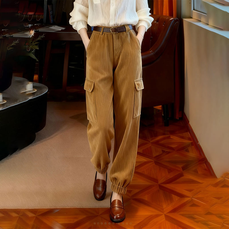 高端定制黄色灯芯绒大码阔腿裤女