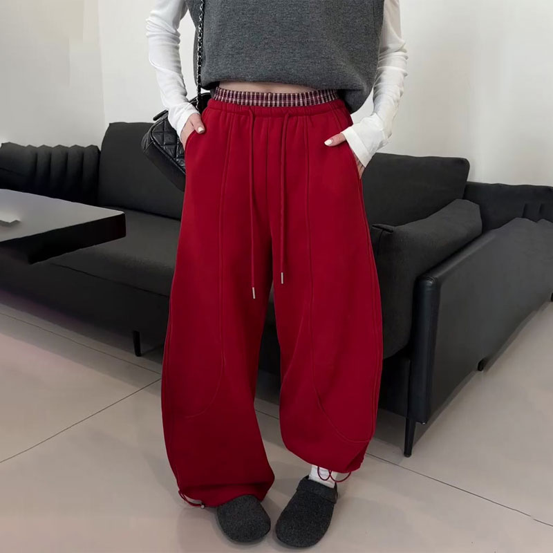 高端定制红色大码阔腿卫裤女