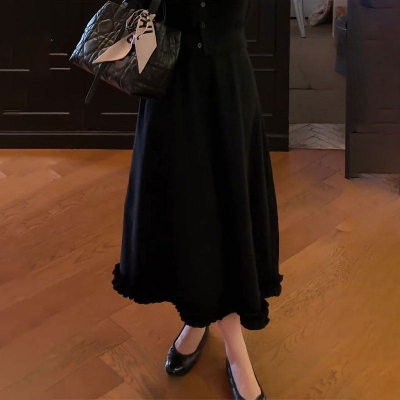 高端定制黑色大码木耳边半身裙