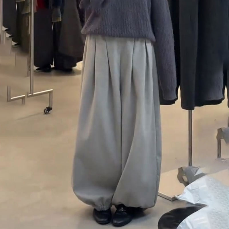 高端定制灰色大码褶皱阔腿卫裤女