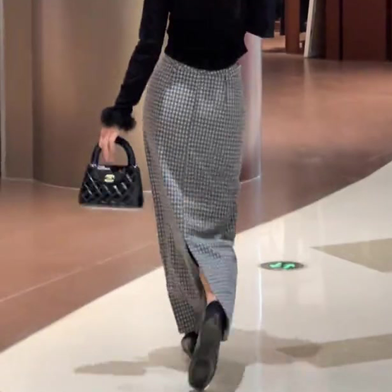 高端定制浅灰色毛呢格纹半身裙女