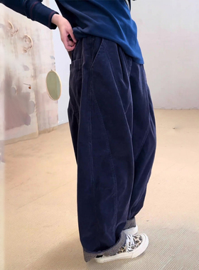 欧货高端定制深蓝色大码棉麻阔腿裤女2025冬季新款慵懒风休闲裤子