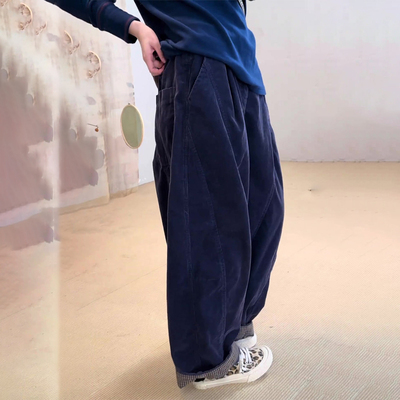 欧货高端定制深蓝色棉麻阔腿裤子