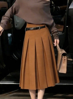 欧货高端定制橙色毛呢大码半身裙女2026早春新款加厚轻熟百褶裙子