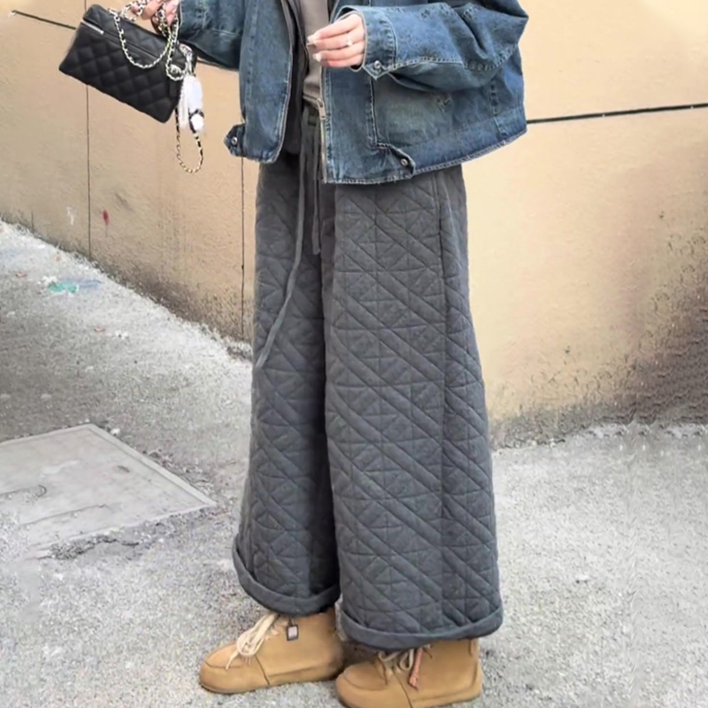 欧货高端定制灰色菱格大码阔腿