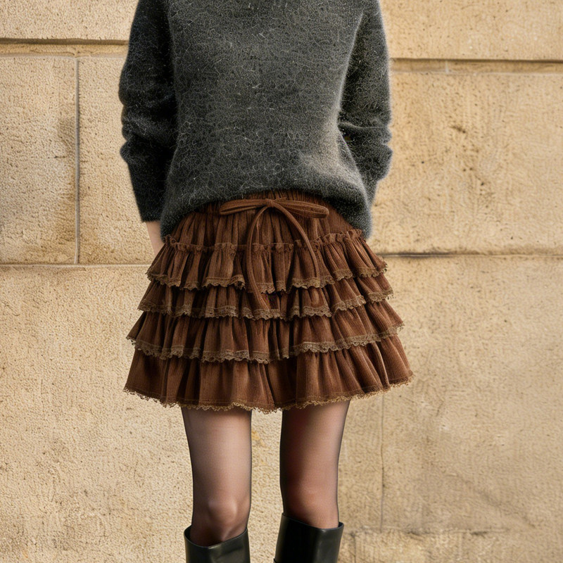 欧货高端定制棕色丝绒大码半身裙女2026早春新款系带多层蛋糕裙子,女装/女士精品,大码半身裙,淘宝优惠券,粉丝福利购,淘宝优惠卷
